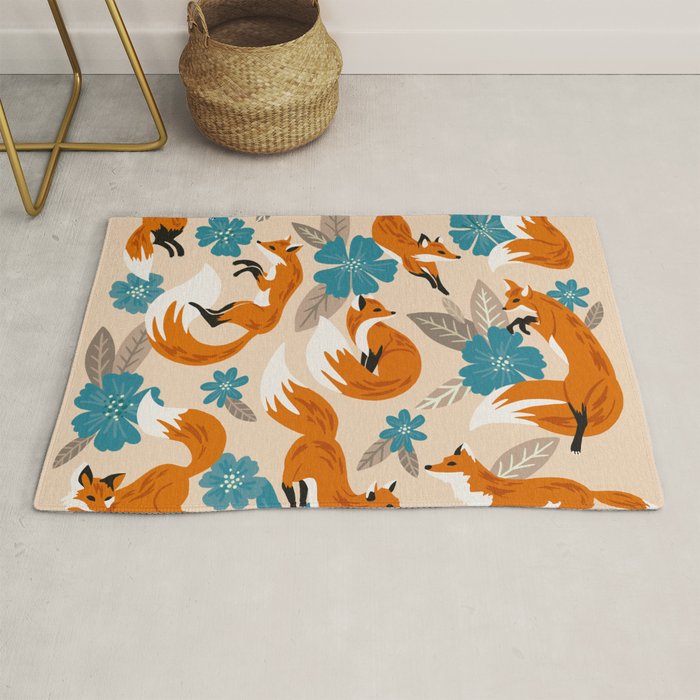 Foxes & Blooms - Tan & Blue Rug Gallery Image 1