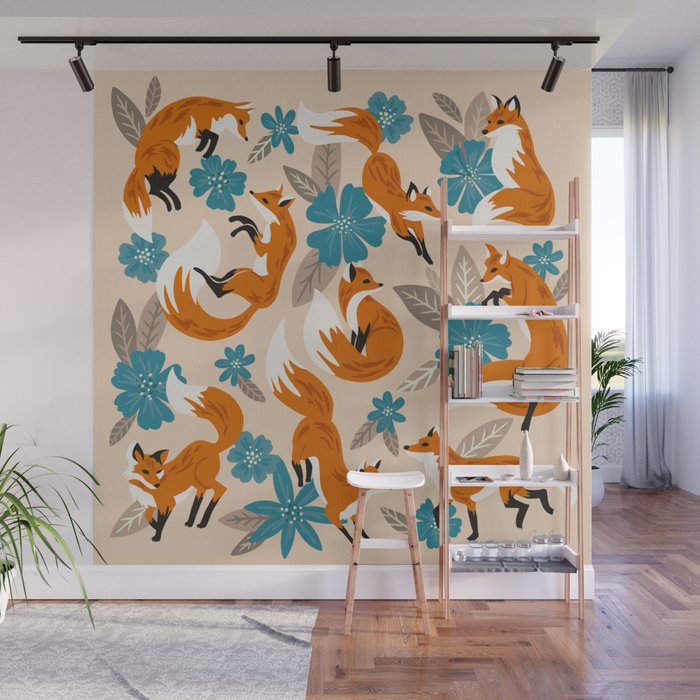 Foxes & Blooms - Tan & Blue Wall Mural Gallery Image 1