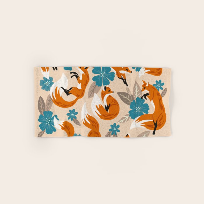 Foxes & Blooms - Tan & Blue Bath Towel Gallery Image 1