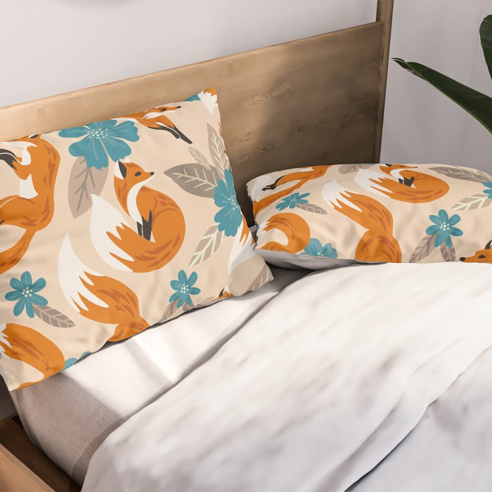 Foxes & Blooms - Tan & Blue Pillow Sham Gallery Image 2