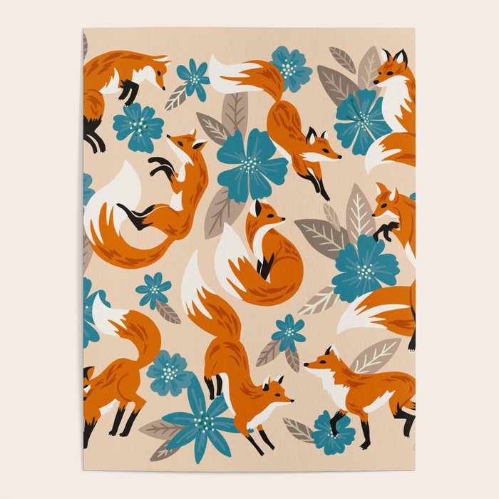 Foxes & Blooms - Tan & Blue Poster Gallery Image 4