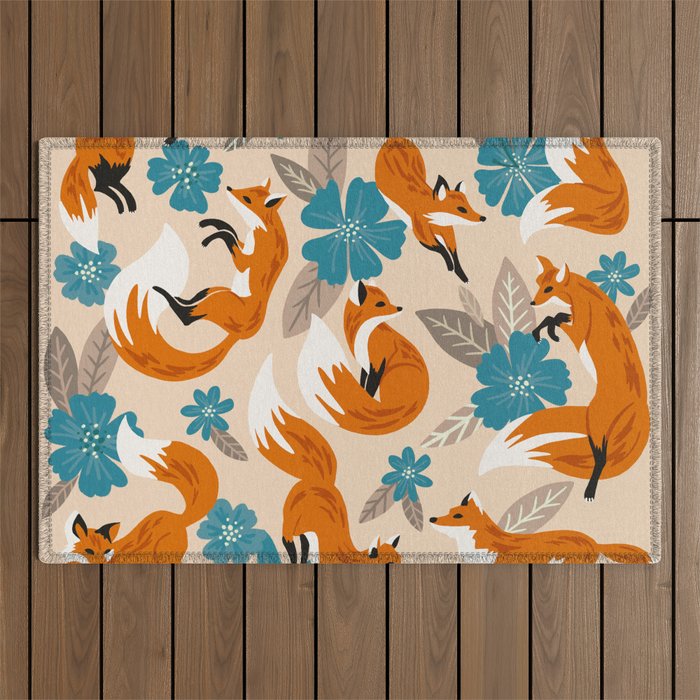 Foxes & Blooms - Tan & Blue Outdoor Rug Gallery Image 1