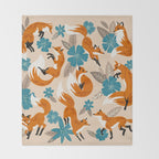 Foxes & Blooms - Tan & Blue Throw Blanket Gallery Image 2
