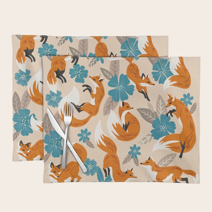 Foxes & Blooms - Tan & Blue Placemat Gallery Image 1