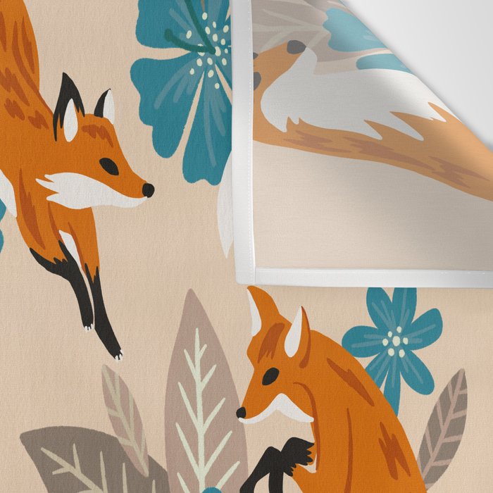Foxes & Blooms - Tan & Blue Wall Tapestry Gallery Image 3