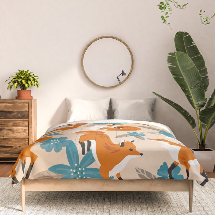 Foxes & Blooms - Tan & Blue Comforter Gallery Image 3