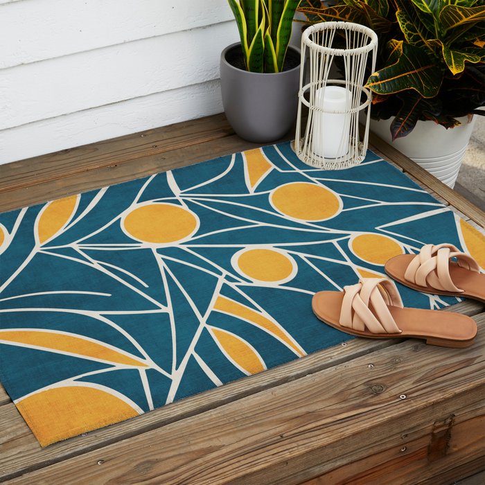 Abstract Lemon Yellow Teal Modern Artwork Outdoor Rug Gallery Image 2