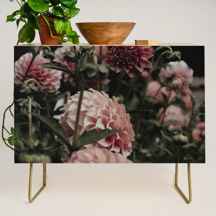 Come Together - moody botanical floral photograph rose pink dahlia flowers Credenza Gallery Image 1