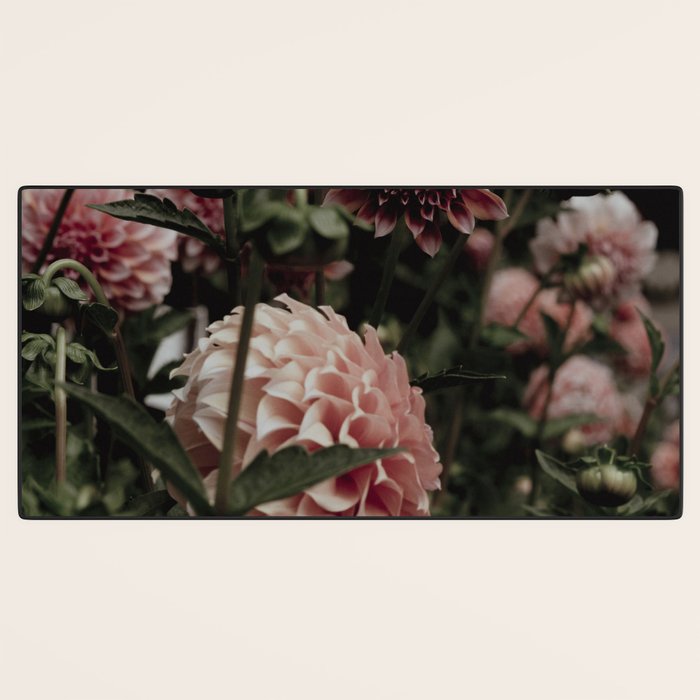 Come Together - moody botanical floral photograph rose pink dahlia flowers Desk Mat Gallery Image 3