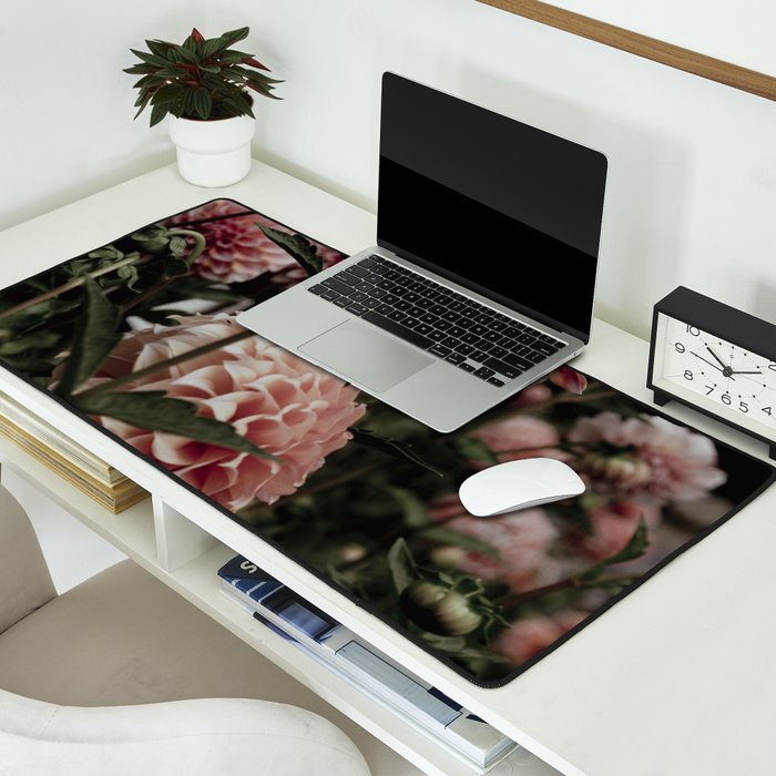 Come Together - moody botanical floral photograph rose pink dahlia flowers Desk Mat Gallery Image 2