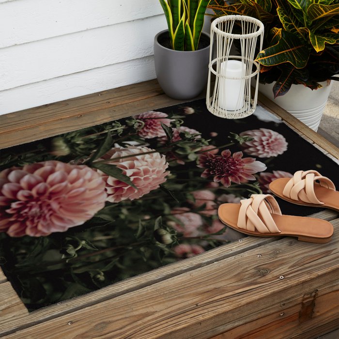 Come Together - moody botanical floral photograph rose pink dahlia flowers Outdoor Rug Gallery Image 2