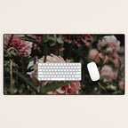Come Together - moody botanical floral photograph rose pink dahlia flowers Desk Mat Gallery Image 1