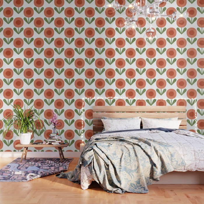 Mid Century Mod Flowers Terracotta  Wallpaper Gallery Image 1