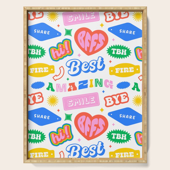 Retro funny sticker quote label pattern Serving Tray Gallery Image 1