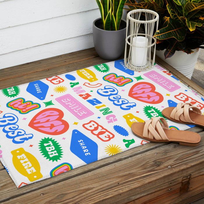 Retro funny sticker quote label pattern Outdoor Rug Gallery Image 2