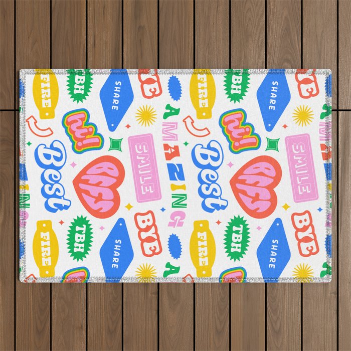 Retro funny sticker quote label pattern Outdoor Rug Gallery Image 1