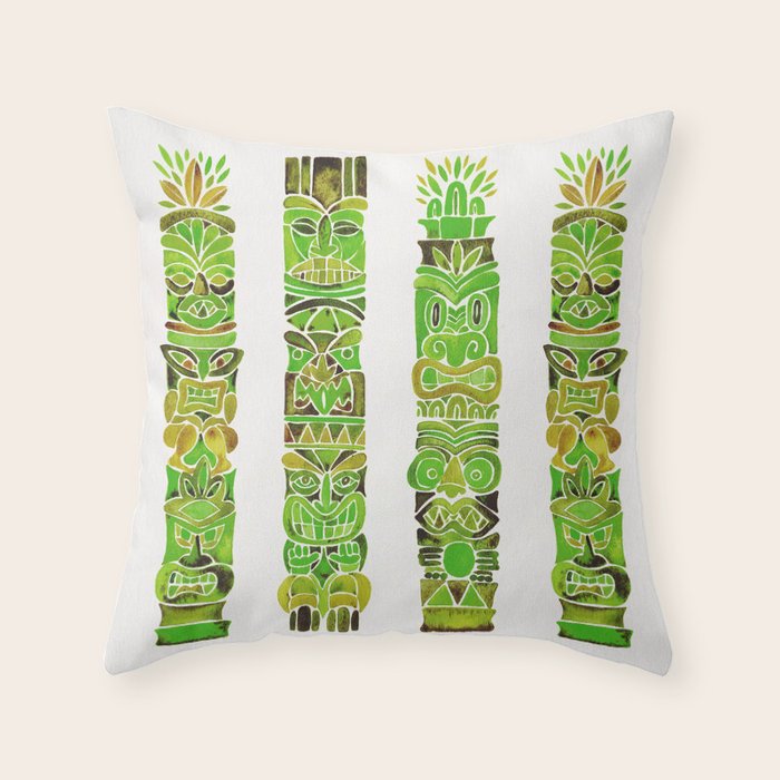 Tiki Totems - Green Throw Pillow Gallery Image 1