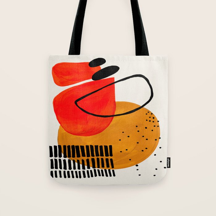 Mid Century Modern Abstract Colorful Art Yellow Ball Orange Shapes Orbit Black Pattern Tote Bag Gallery Image 1