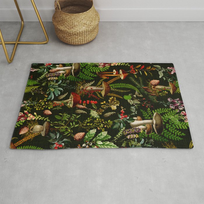 Vintage Mysterious Mushroom Night Forest Botanical Garden Rug Gallery Image 1