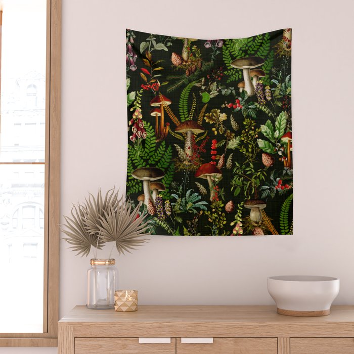 Vintage Mysterious Mushroom Night Forest Botanical Garden Wall Tapestry Gallery Image 2