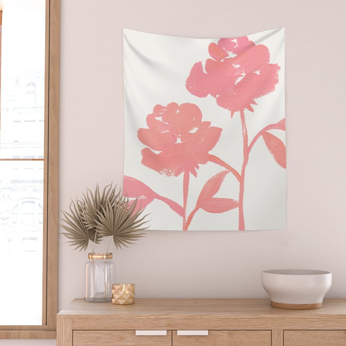 Pink Roses - Gouache Botanical Painting Wall Tapestry Gallery Image 2
