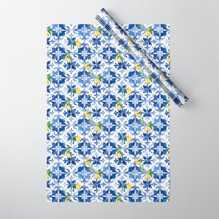 Blue tiles,mosaic,Mediterranean tiles,majolica art ,lemon ,citrus, Wrapping Paper Gallery Image 1