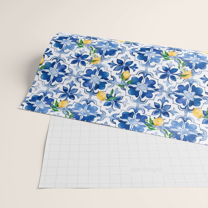 Blue tiles,mosaic,Mediterranean tiles,majolica art ,lemon ,citrus, Wrapping Paper Gallery Image 2