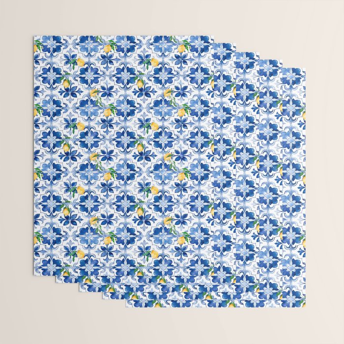 Blue tiles,mosaic,Mediterranean tiles,majolica art ,lemon ,citrus, Wrapping Paper Gallery Image 3