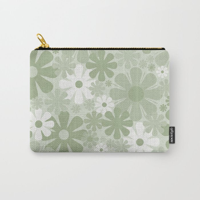 Retro 60s 70s Aesthetic Floral Pattern in Pretty Pastel Sage Green Carry All Pouch Gallery Image 1