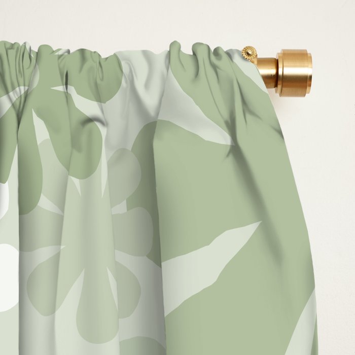 Retro 60s 70s Aesthetic Floral Pattern in Pretty Pastel Sage Green Window Curtain Gallery Image 2