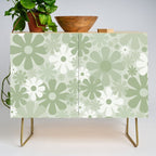 Retro 60s 70s Aesthetic Floral Pattern in Pretty Pastel Sage Green Credenza Gallery Image 1