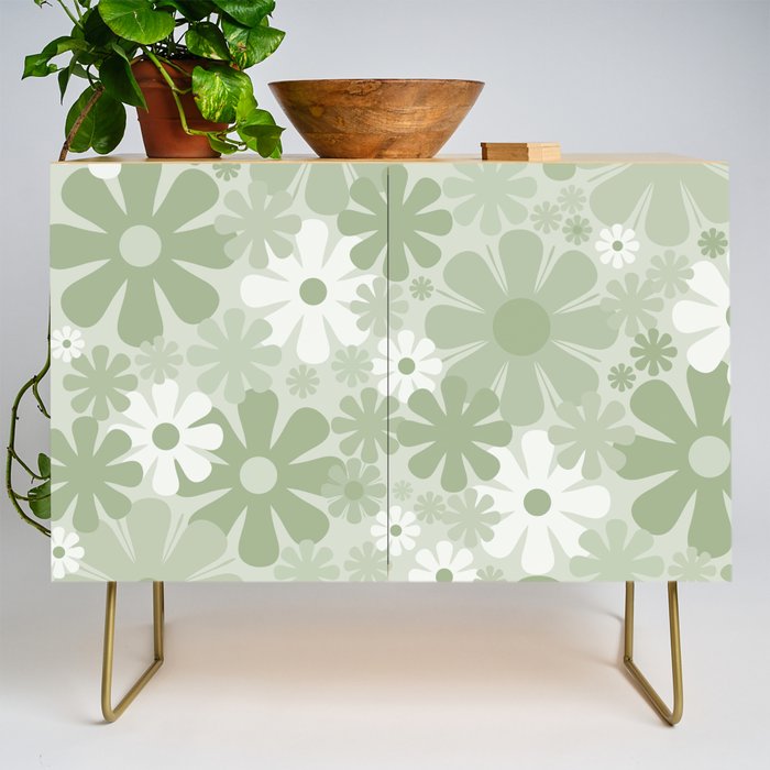 Retro 60s 70s Aesthetic Floral Pattern in Pretty Pastel Sage Green Credenza Gallery Image 1