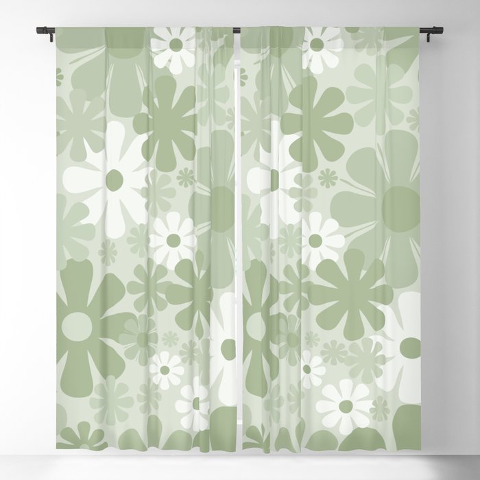 Retro 60s 70s Aesthetic Floral Pattern in Pretty Pastel Sage Green Window Curtain Gallery Image 5