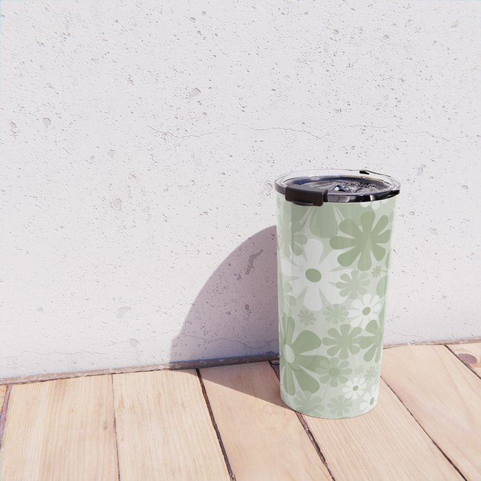Retro 60s 70s Aesthetic Floral Pattern in Pretty Pastel Sage Green Travel Mug Gallery Image 4