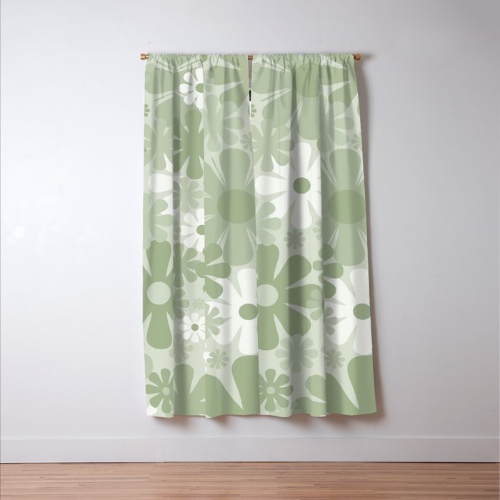 Retro 60s 70s Aesthetic Floral Pattern in Pretty Pastel Sage Green Window Curtain Gallery Image 3