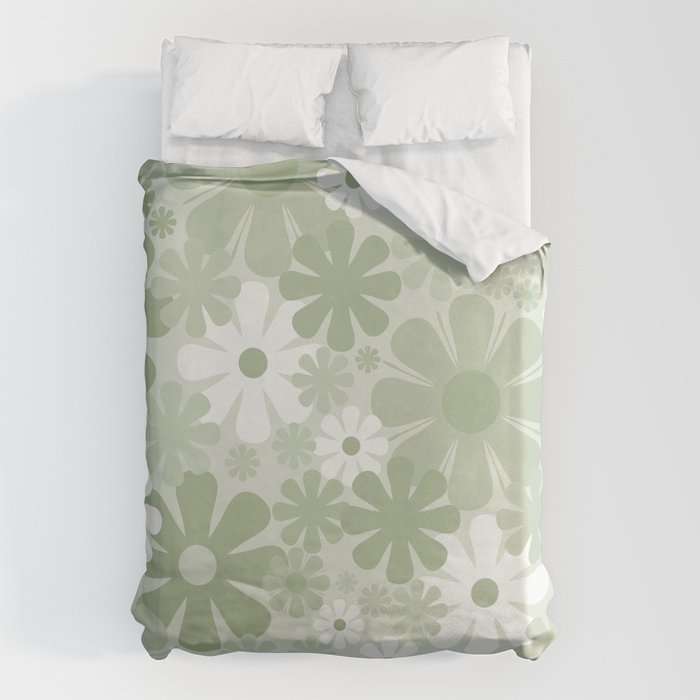 Retro 60s 70s Aesthetic Floral Pattern in Pretty Pastel Sage Green Duvet Cover Gallery Image 6