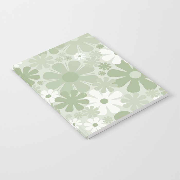 Retro 60s 70s Aesthetic Floral Pattern in Pretty Pastel Sage Green Notebook Gallery Image 1