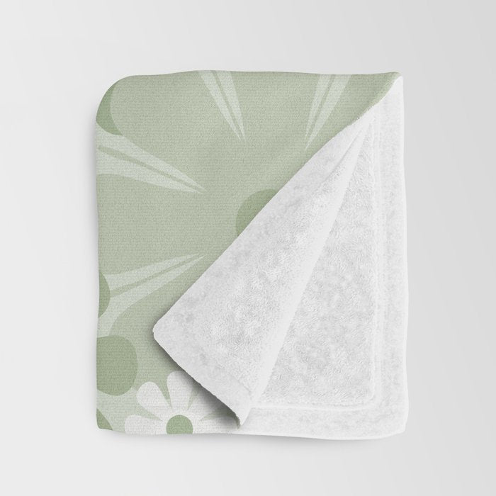 Retro 60s 70s Aesthetic Floral Pattern in Pretty Pastel Sage Green Throw Blanket Gallery Image 3