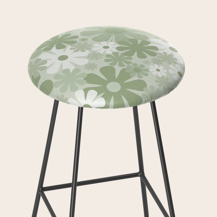Retro 60s 70s Aesthetic Floral Pattern in Pretty Pastel Sage Green Stool Gallery Image 2