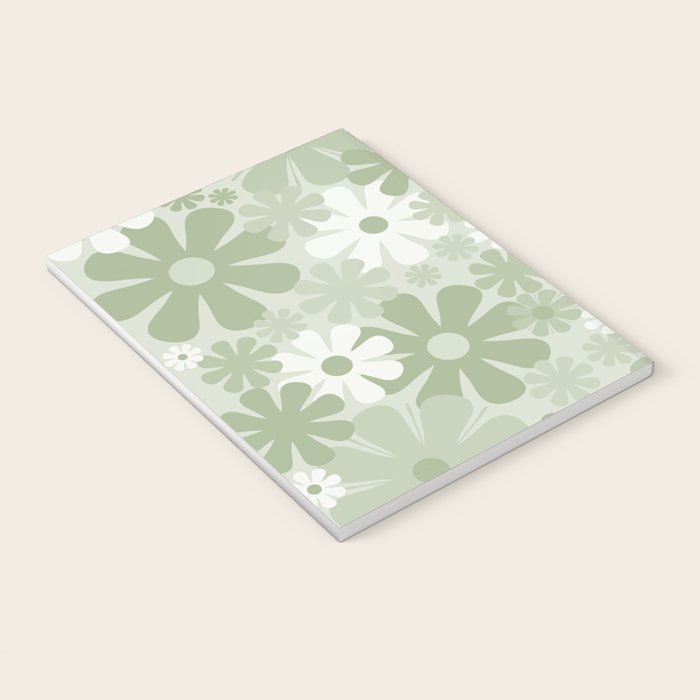 Retro 60s 70s Aesthetic Floral Pattern in Pretty Pastel Sage Green Notebook Gallery Image 3