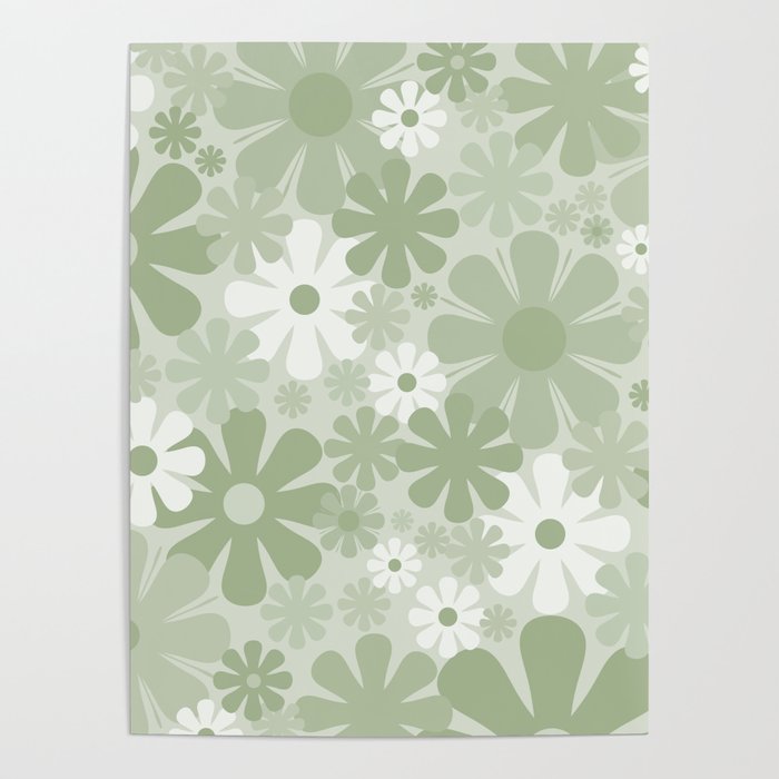 Retro 60s 70s Aesthetic Floral Pattern in Pretty Pastel Sage Green Poster Gallery Image 4