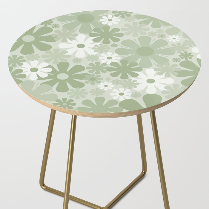 Retro 60s 70s Aesthetic Floral Pattern in Pretty Pastel Sage Green Side Table Gallery Image 2
