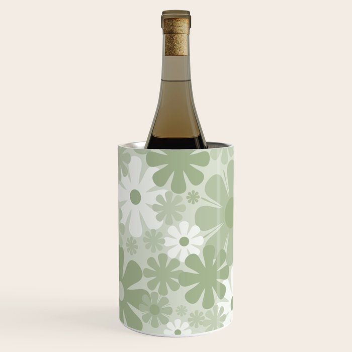 Retro 60s 70s Aesthetic Floral Pattern in Pretty Pastel Sage Green Wine Chiller Gallery Image 1