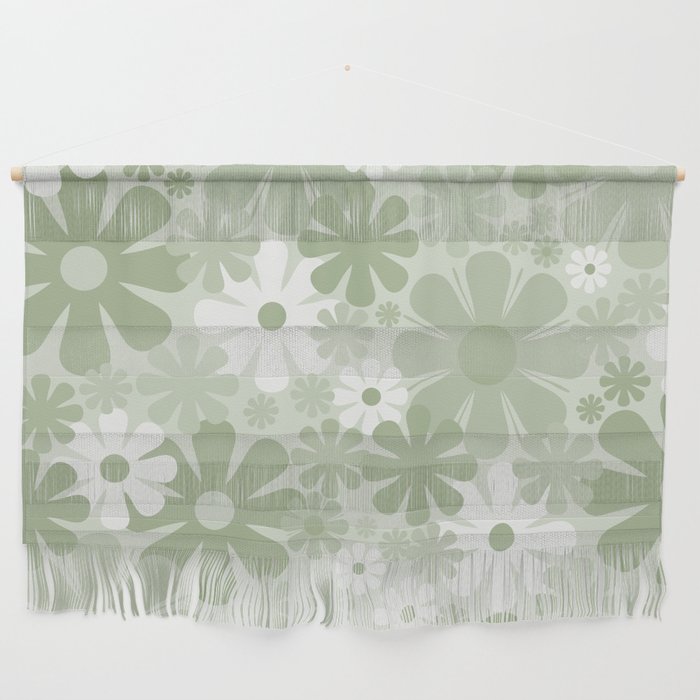 Retro 60s 70s Aesthetic Floral Pattern in Pretty Pastel Sage Green Wall Hanging Gallery Image 1