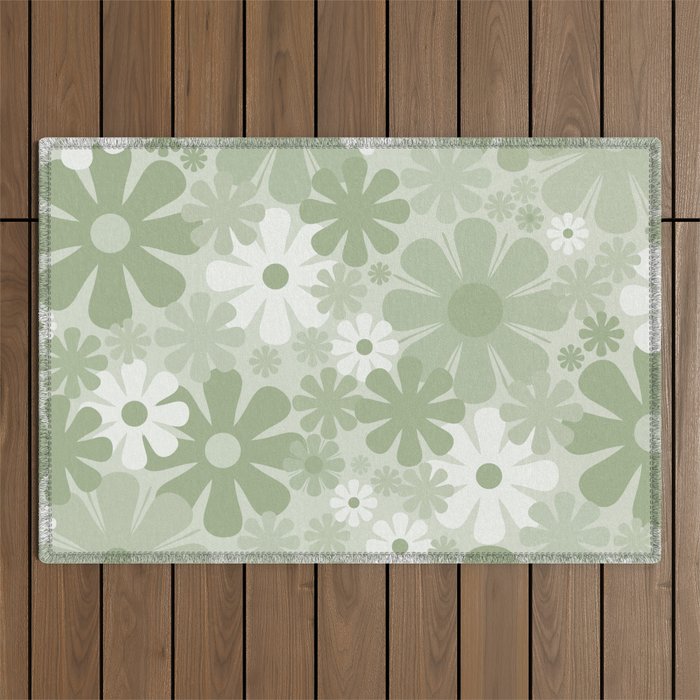 Retro 60s 70s Aesthetic Floral Pattern in Pretty Pastel Sage Green Outdoor Rug Gallery Image 1