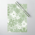 Retro 60s 70s Aesthetic Floral Pattern in Pretty Pastel Sage Green Wrapping Paper Gallery Image 1