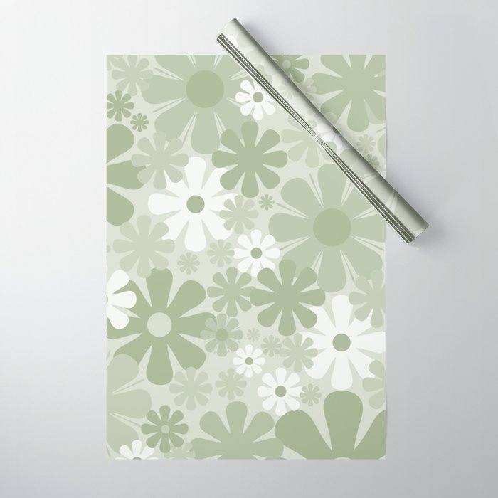 Retro 60s 70s Aesthetic Floral Pattern in Pretty Pastel Sage Green Wrapping Paper Gallery Image 1