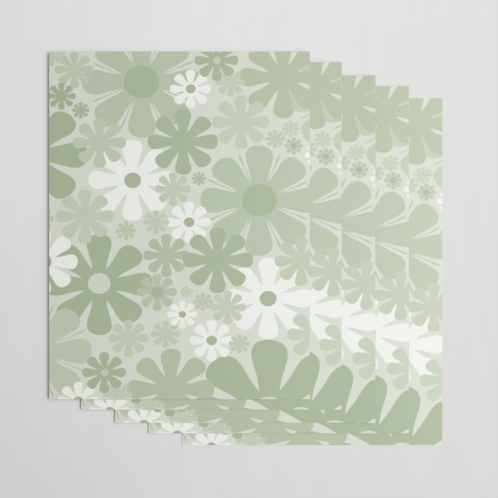Retro 60s 70s Aesthetic Floral Pattern in Pretty Pastel Sage Green Wrapping Paper Gallery Image 3