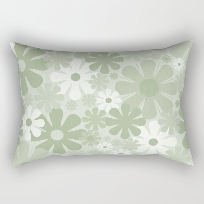 Retro 60s 70s Aesthetic Floral Pattern in Pretty Pastel Sage Green Rectangular Pillow Gallery Image 1