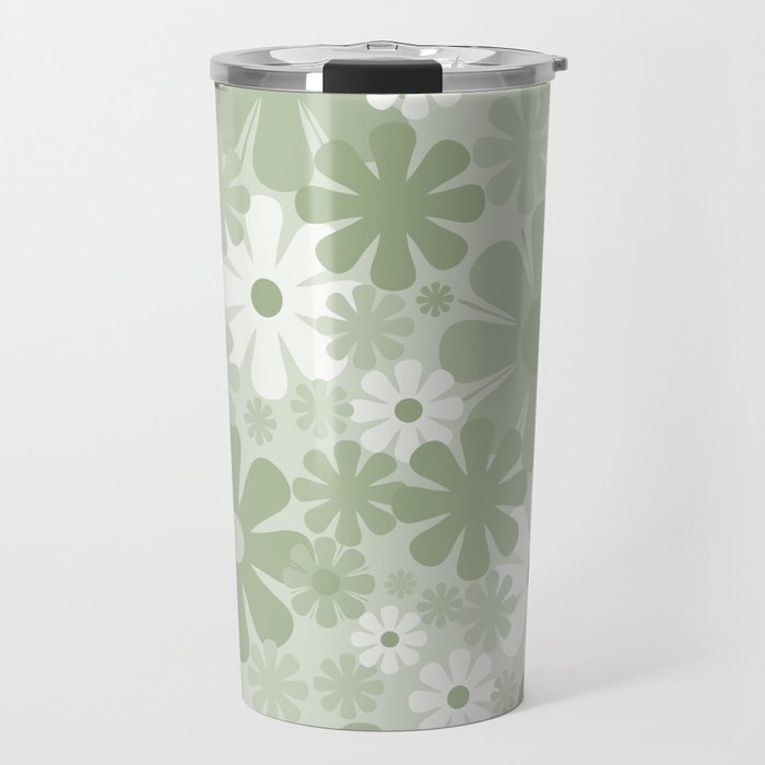 Retro 60s 70s Aesthetic Floral Pattern in Pretty Pastel Sage Green Travel Mug Gallery Image 1